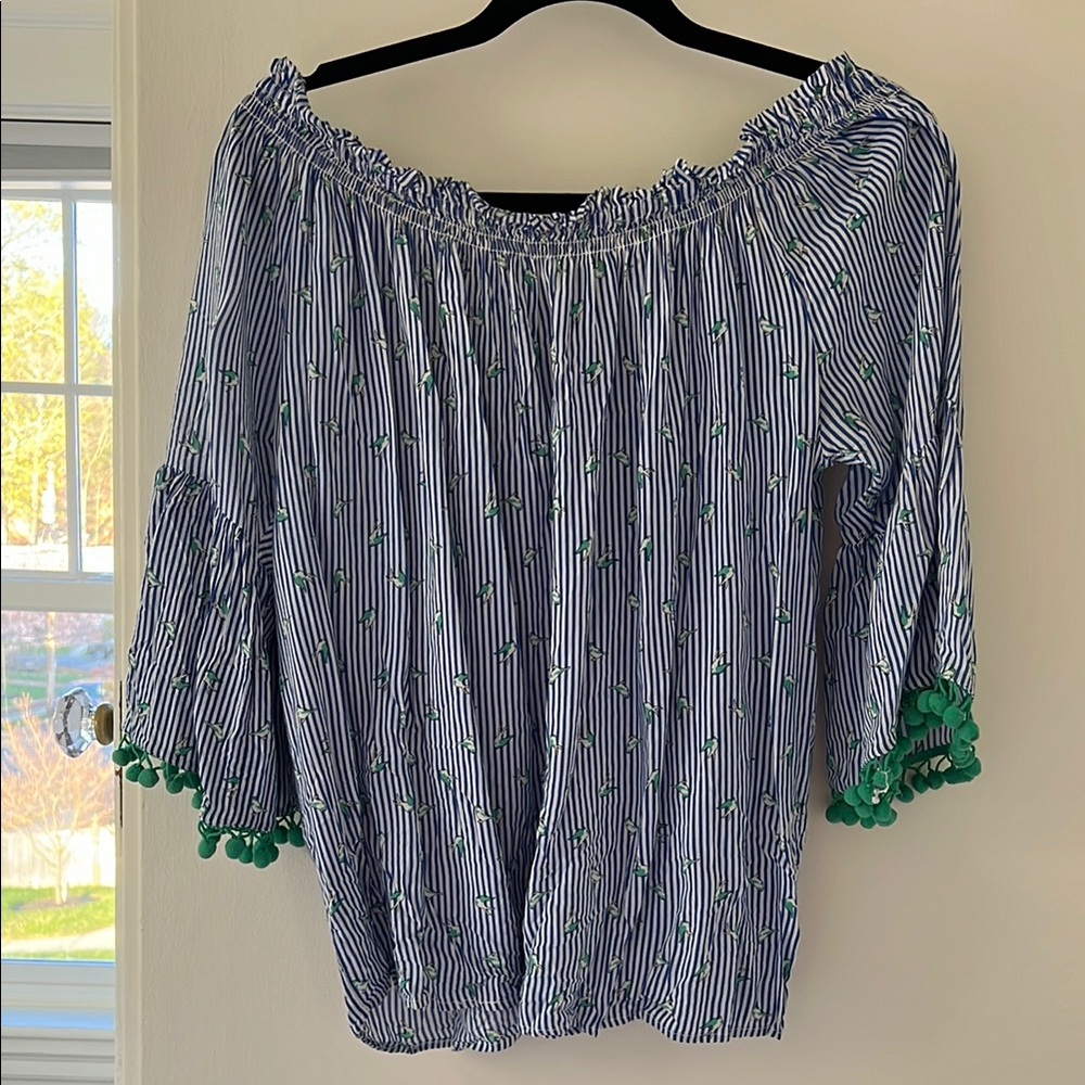 Striped Off-Shoulder Top with Green Accents
